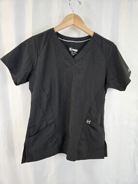 W123 Scrub Top Womens Small Black V Neck Solid Pockets Nursing Medical Shirt